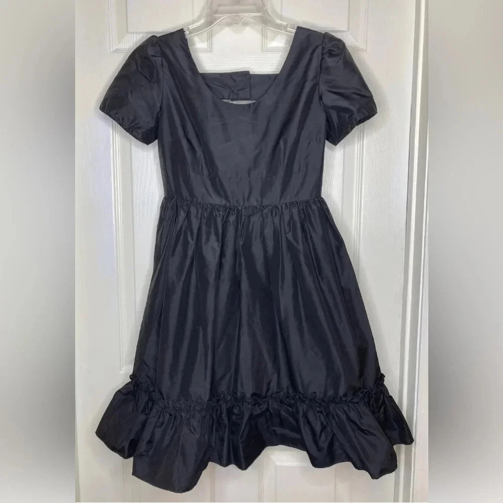 Woman DEIBE RONDON Black 100% silk S/s Fit Flare Ruffle Dress Sz Small USA